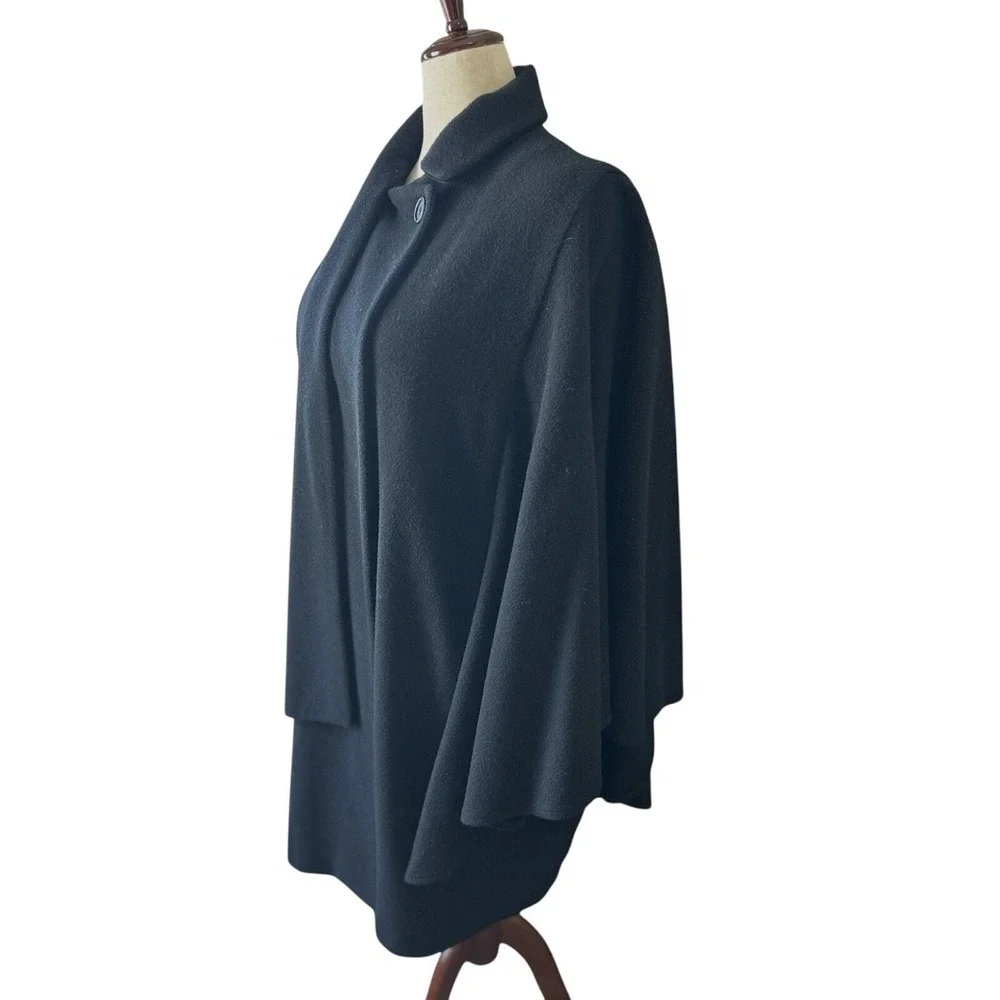Vintage Black Cape Coat 100% Wool Women's Velvet Scarf Pockets Size Large - Picture 5 of 13